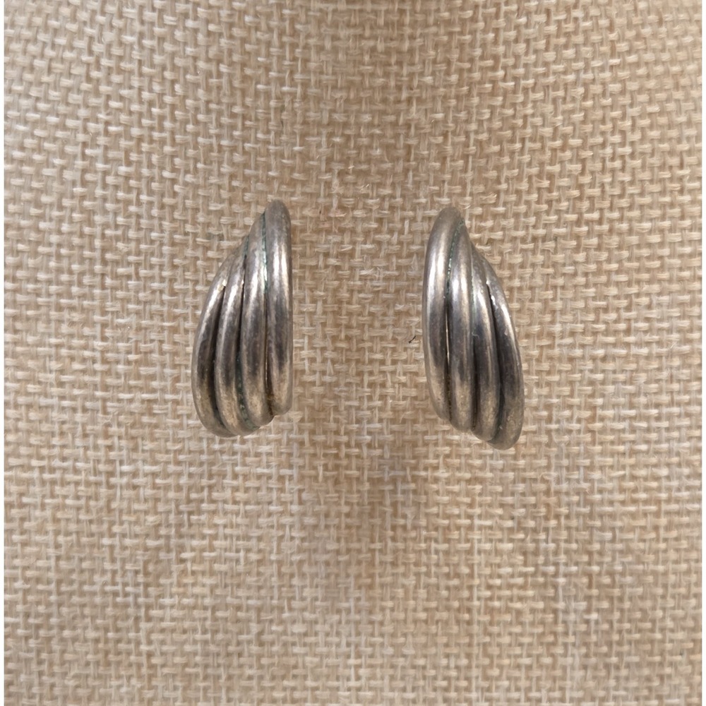 Vintage Sterling Silver Layered Ribbed Hoop Earrings 925 - Picture 4 of 7